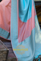 Peach and Sky Blue Woven Banarasi Silk Saree