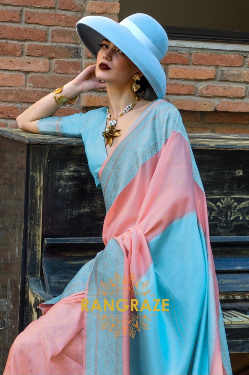 Peach and Sky Blue Woven Banarasi Silk Saree