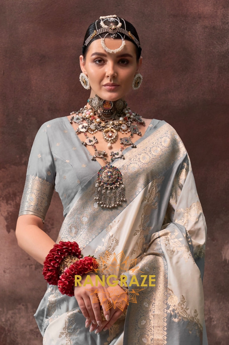 Grey And Off White Woven Banarasi Silk Saree