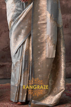Grey And Off White Woven Banarasi Silk Saree