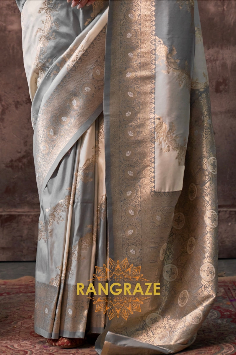 Grey And Off White Woven Banarasi Silk Saree