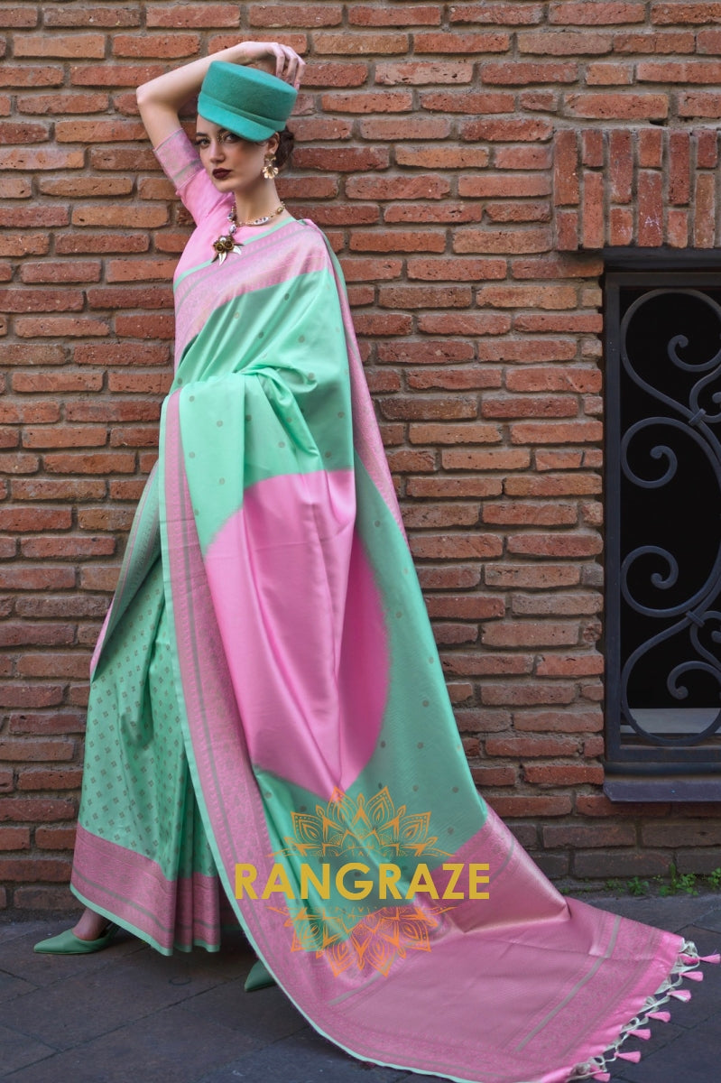 Mint Green and Pink Woven Banarasi Silk Saree