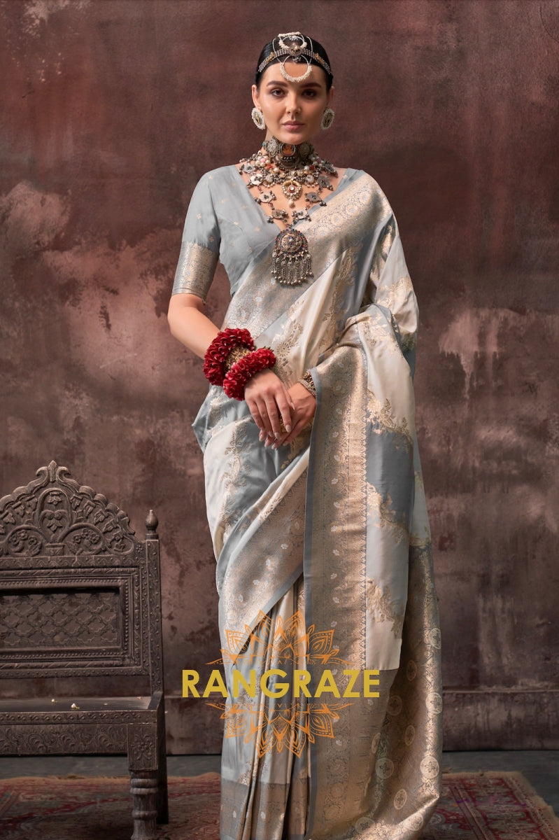 Grey And Off White Woven Banarasi Silk Saree