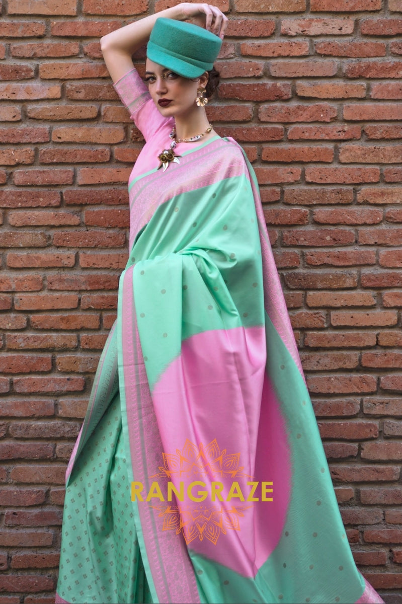 Mint Green and Pink Woven Banarasi Silk Saree