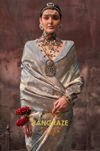 Grey And Off White Woven Banarasi Silk Saree