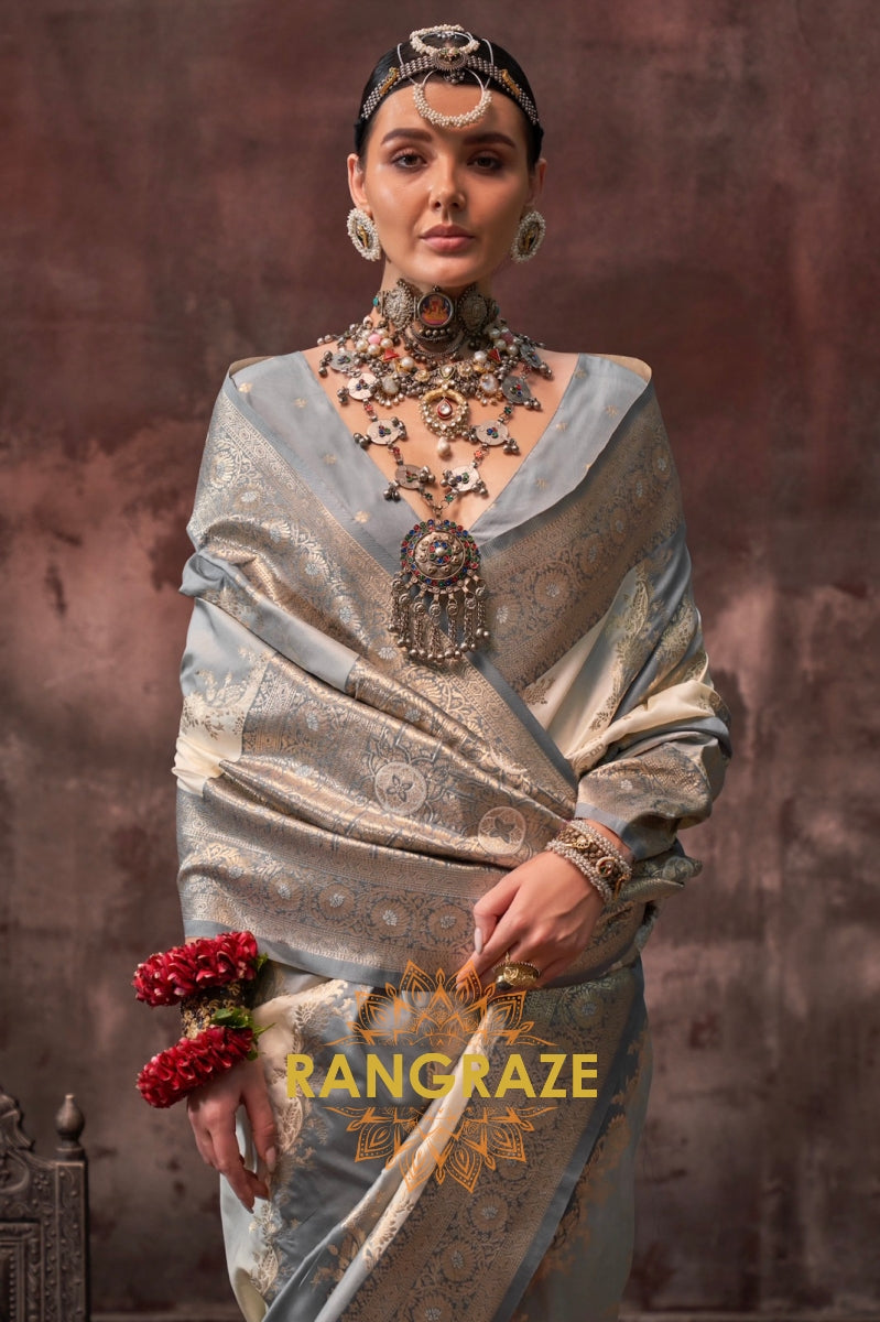 Grey And Off White Woven Banarasi Silk Saree