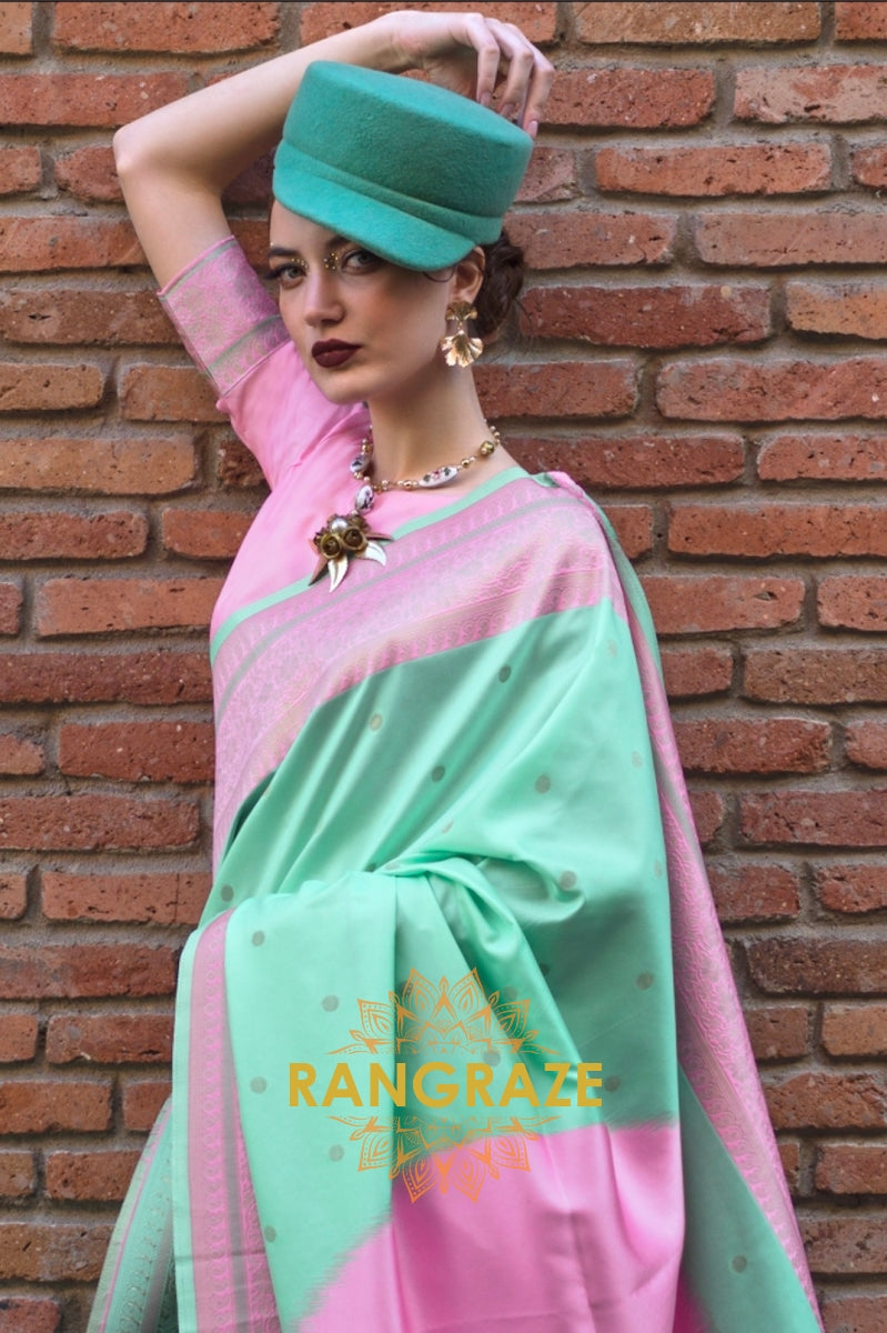 Mint Green and Pink Woven Banarasi Silk Saree