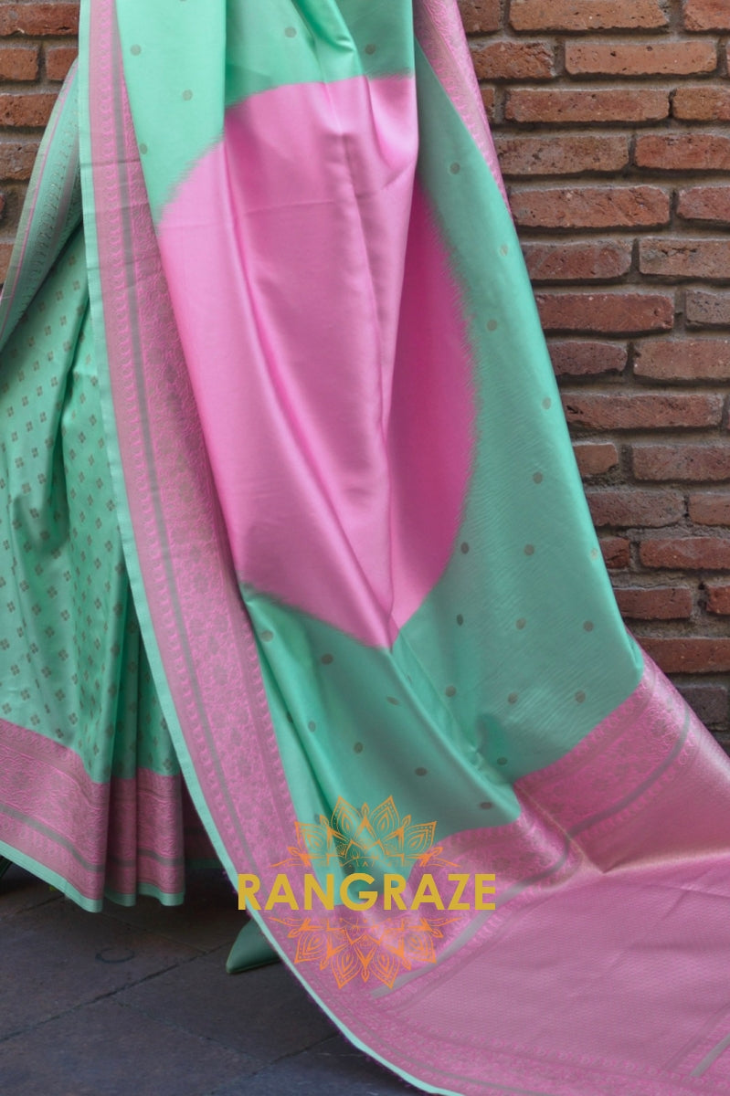 Mint Green and Pink Woven Banarasi Silk Saree
