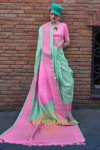 Mint Green and Pink Woven Banarasi Silk Saree