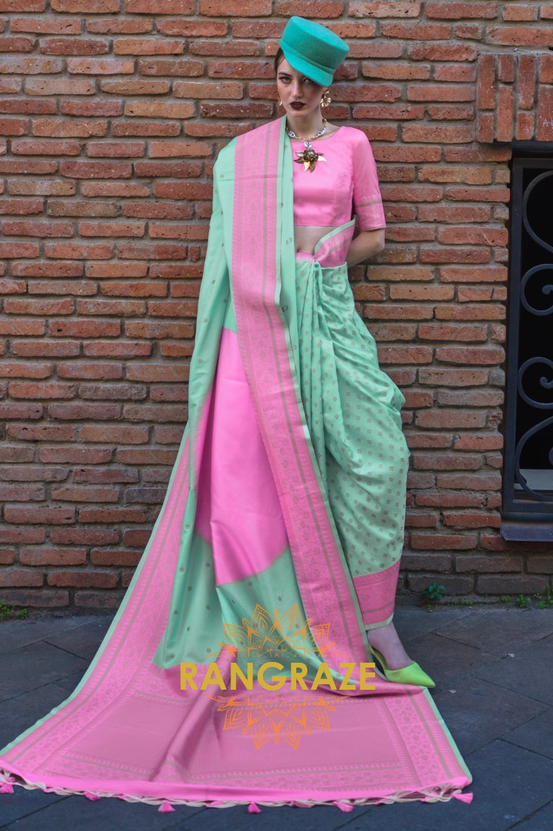 Mint Green and Pink Woven Banarasi Silk Saree