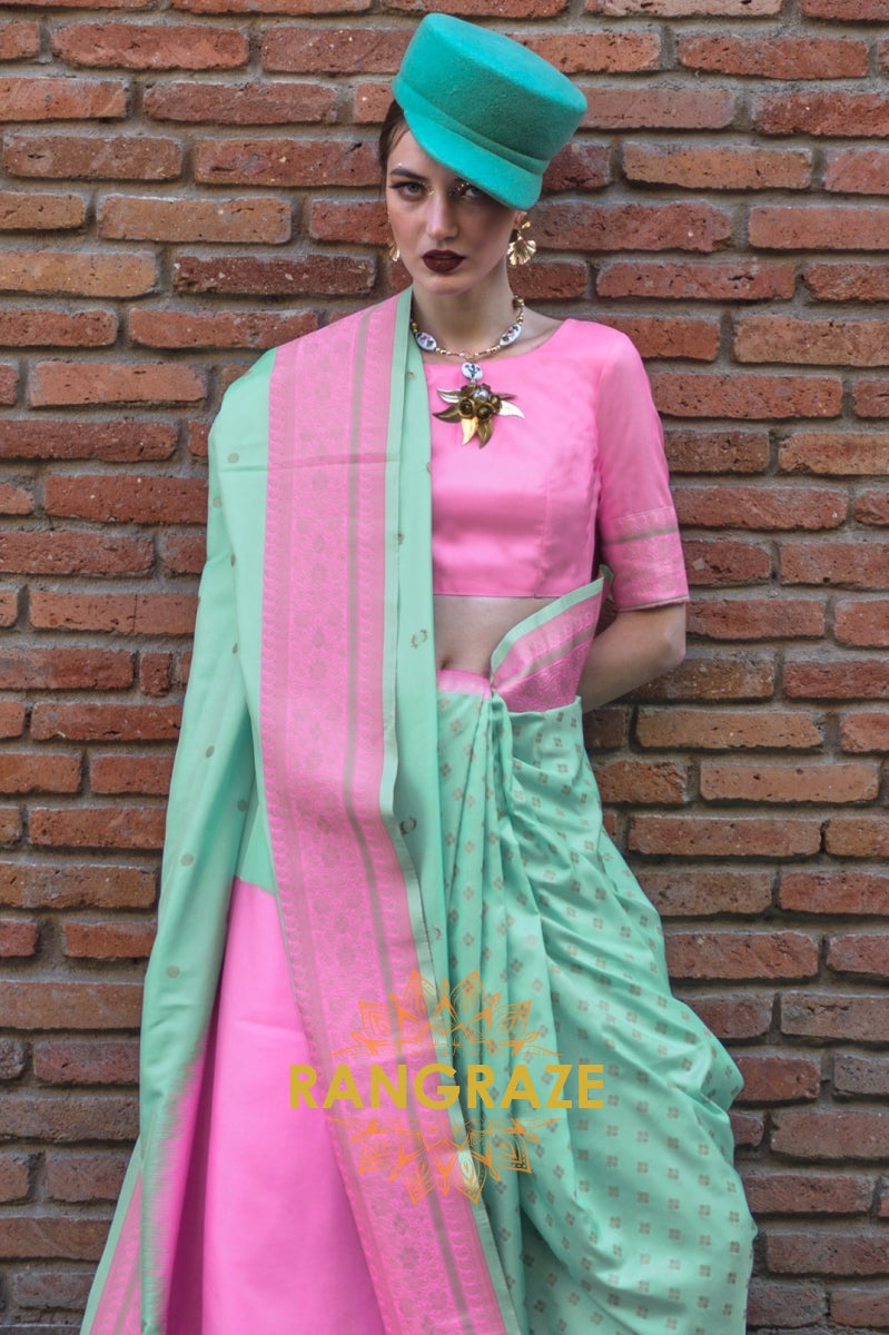 Mint Green and Pink Woven Banarasi Silk Saree