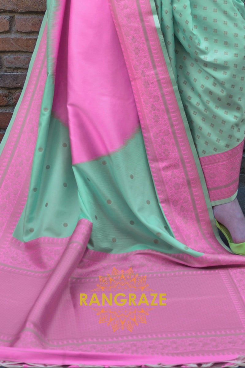 Mint Green and Pink Woven Banarasi Silk Saree
