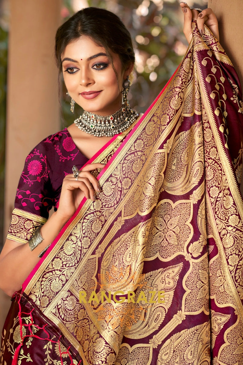 Grape Wine Woven Golden Work Banarasi Silk Saree With Blouse Piece