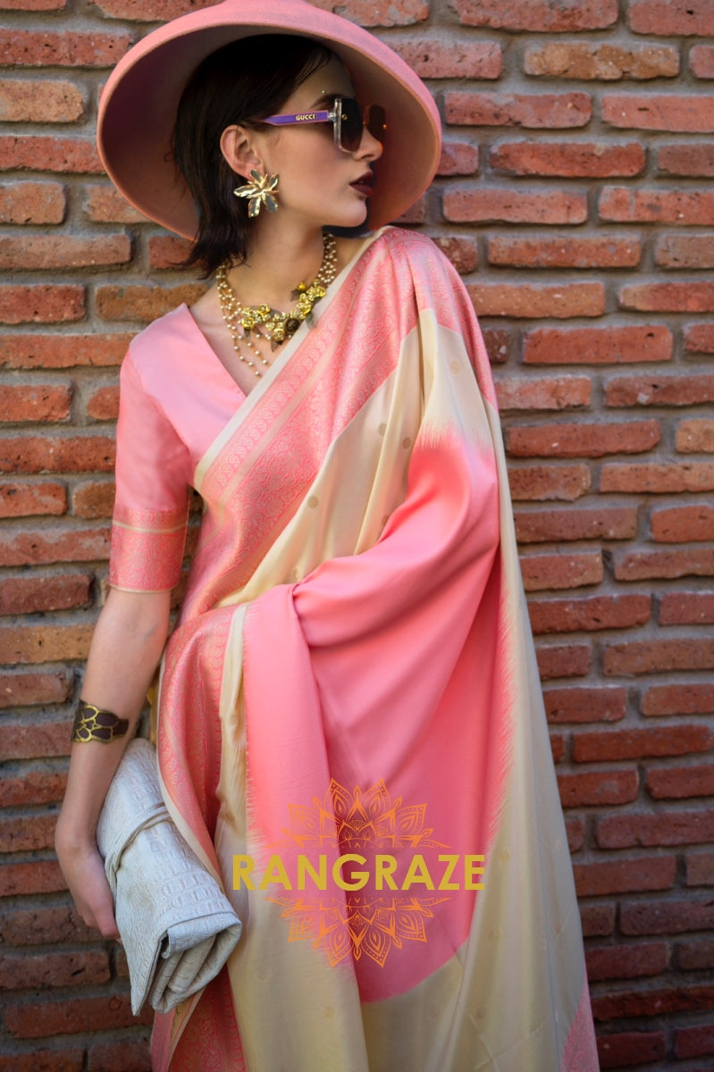 Golden Cream and Pink Woven Banarasi Silk Saree