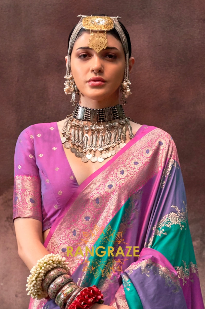 Teal Green And Purple Woven Banarasi Silk Saree