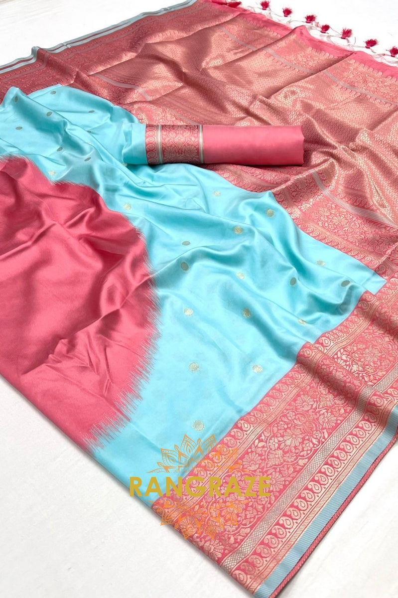 Light Turquoise and Peach Woven Banarasi Silk Saree