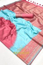 Light Turquoise and Peach Woven Banarasi Silk Saree