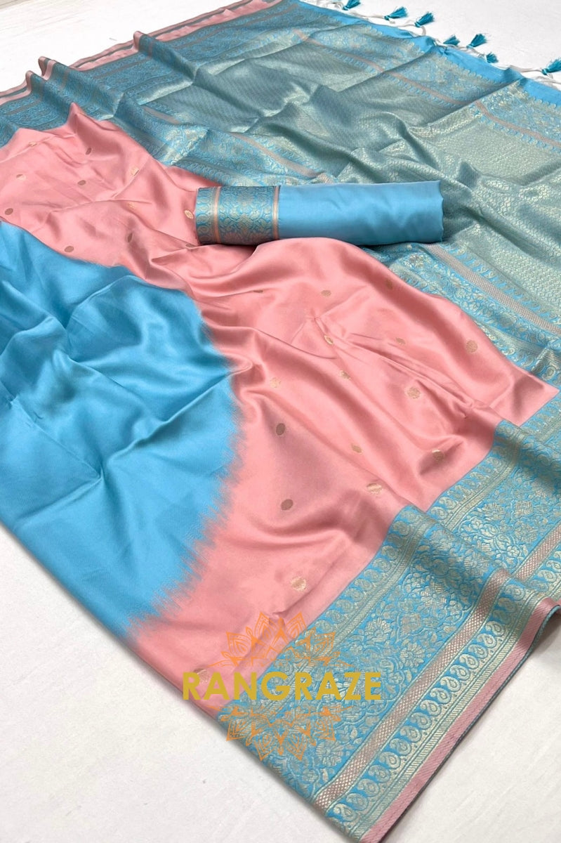 Peach and Sky Blue Woven Banarasi Silk Saree