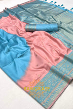 Peach and Sky Blue Woven Banarasi Silk Saree
