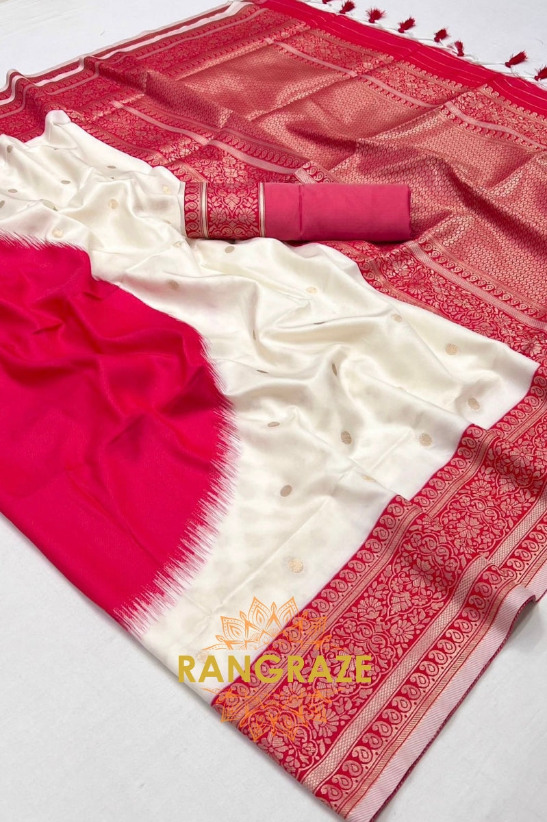 Bisque Cream and Red Woven Banarasi Silk Saree