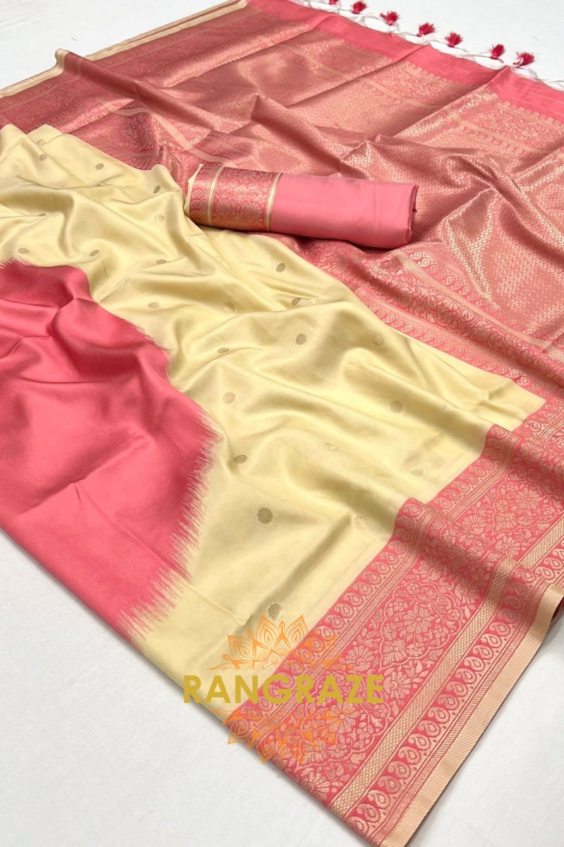 Golden Cream and Pink Woven Banarasi Silk Saree