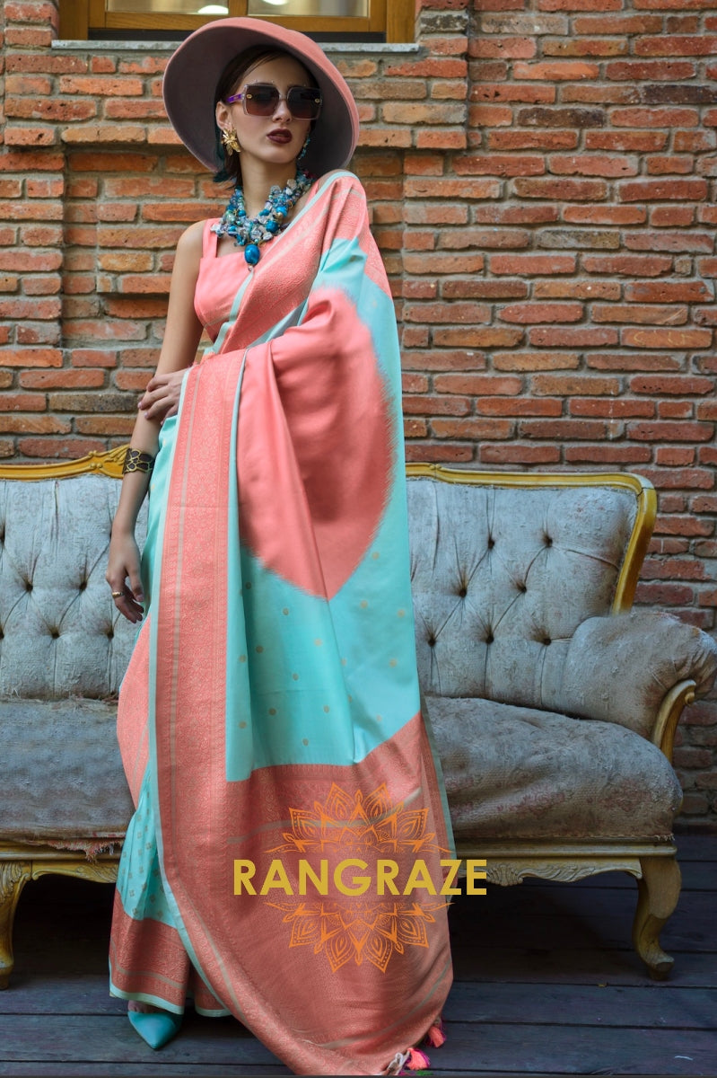 Light Turquoise and Peach Woven Banarasi Silk Saree