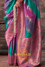 Teal Green And Purple Woven Banarasi Silk Saree