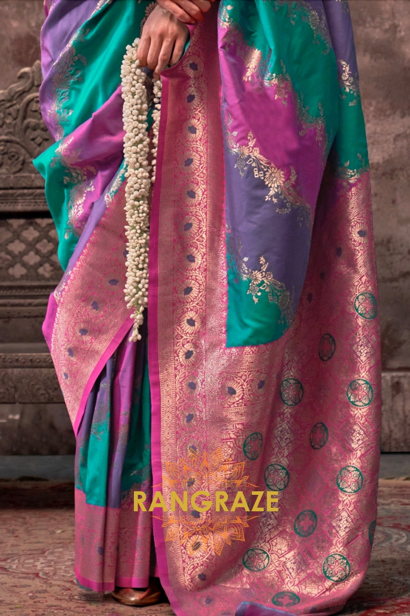 Teal Green And Purple Woven Banarasi Silk Saree