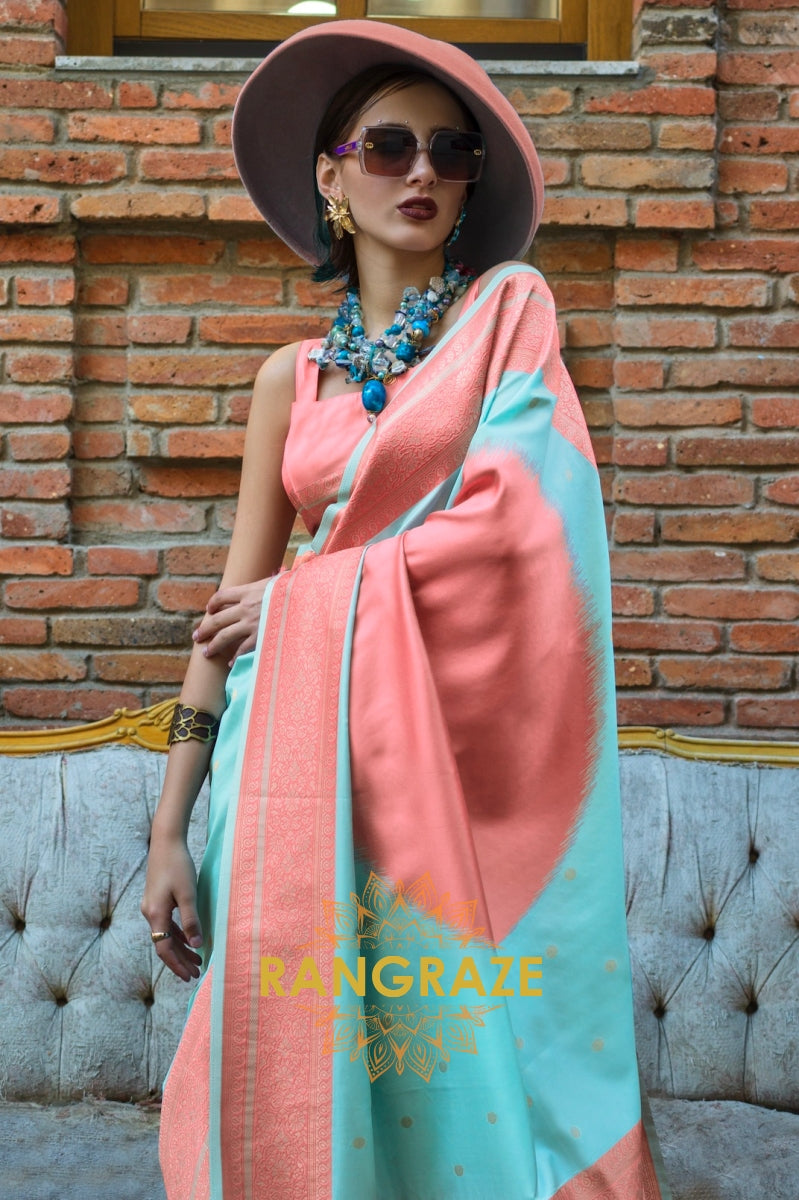 Light Turquoise and Peach Woven Banarasi Silk Saree