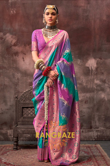 Teal Green And Purple Woven Banarasi Silk Saree