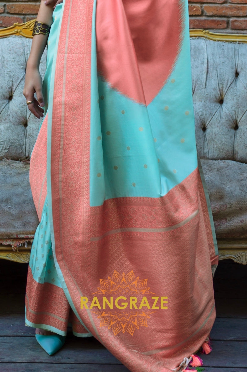 Light Turquoise and Peach Woven Banarasi Silk Saree