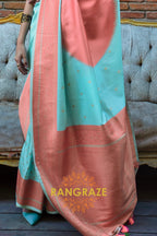 Light Turquoise and Peach Woven Banarasi Silk Saree