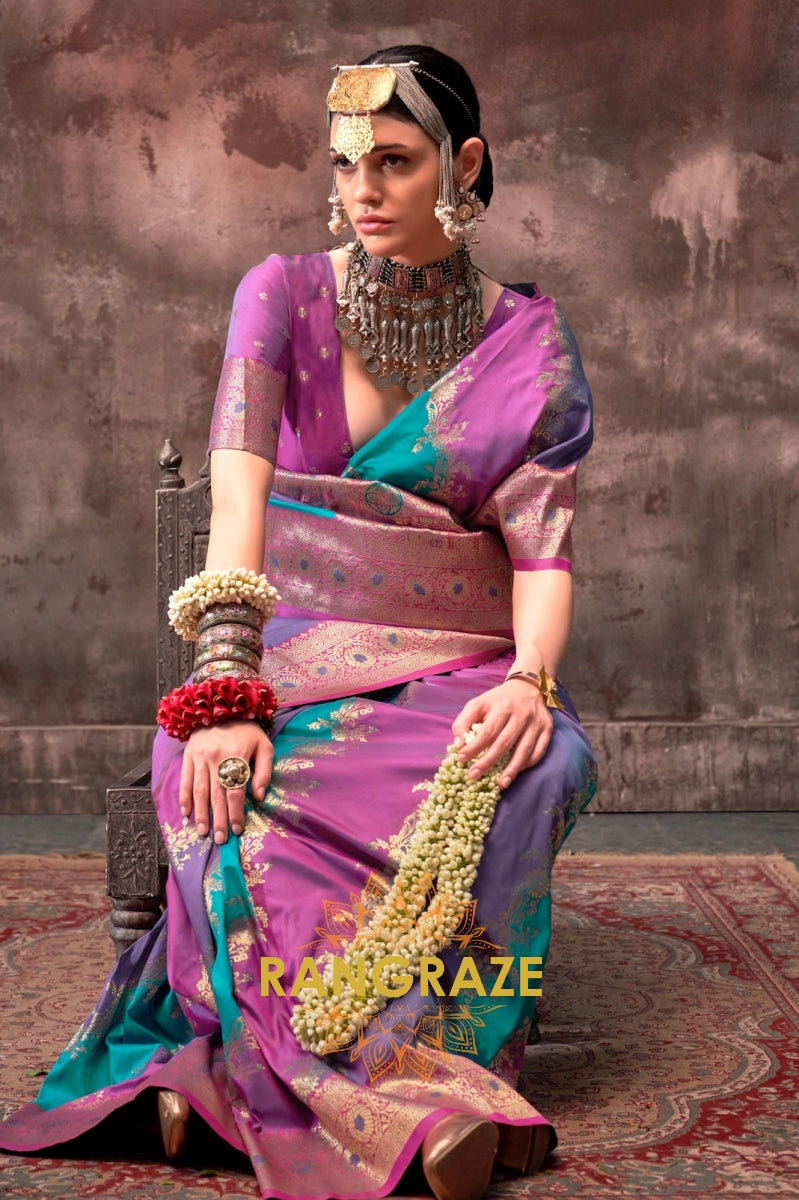 Teal Green And Purple Woven Banarasi Silk Saree