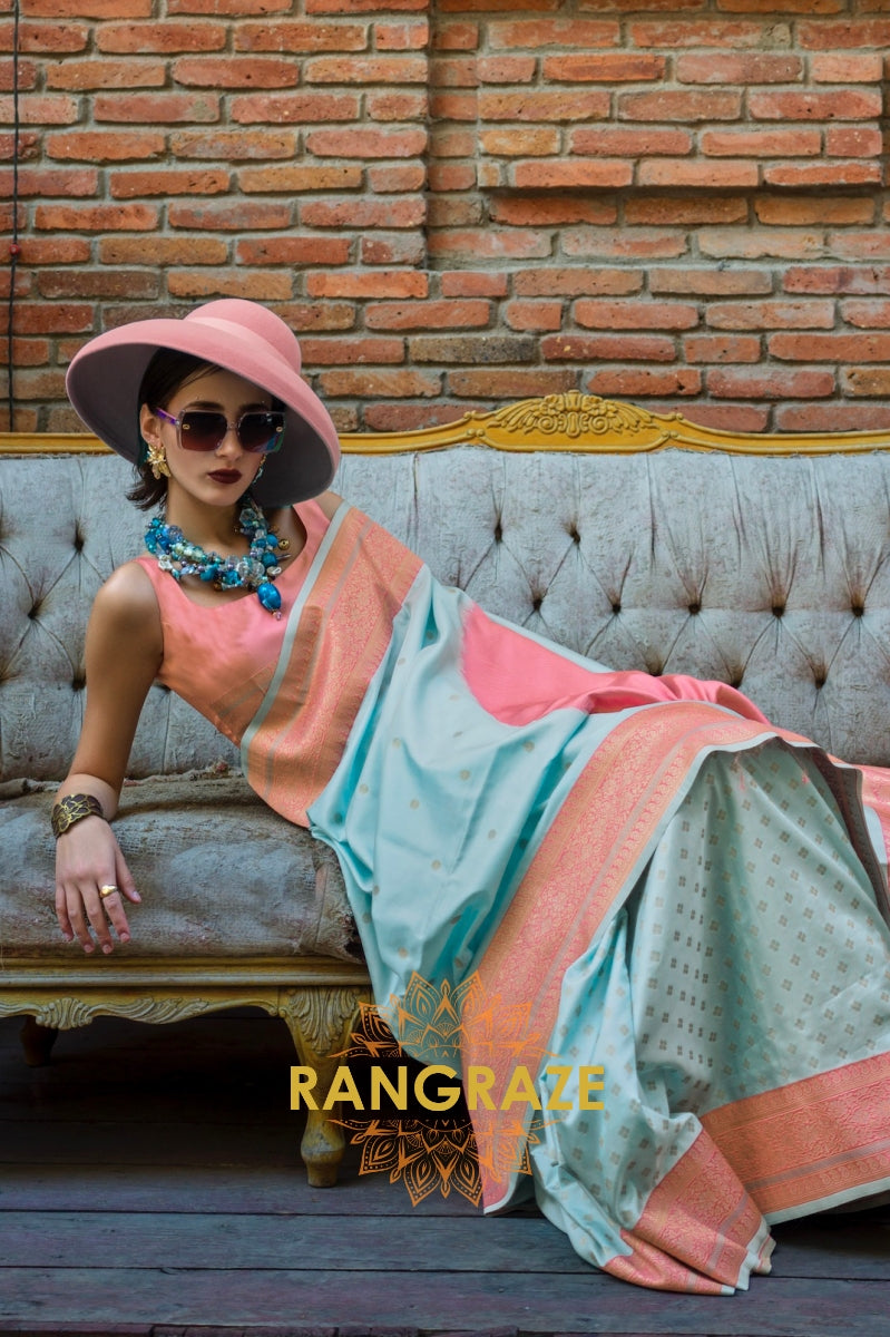 Light Turquoise and Peach Woven Banarasi Silk Saree