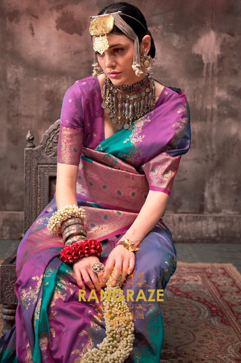 Teal Green And Purple Woven Banarasi Silk Saree