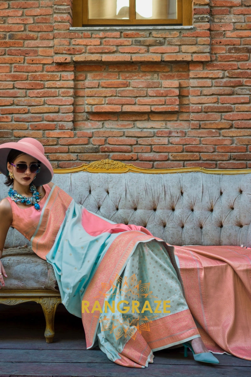 Light Turquoise and Peach Woven Banarasi Silk Saree