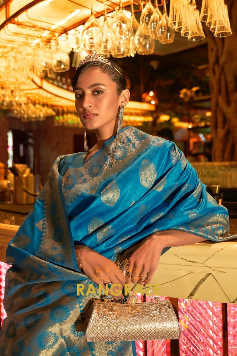 Sapphire Blue Woven Banarasi Brocade Silk Saree