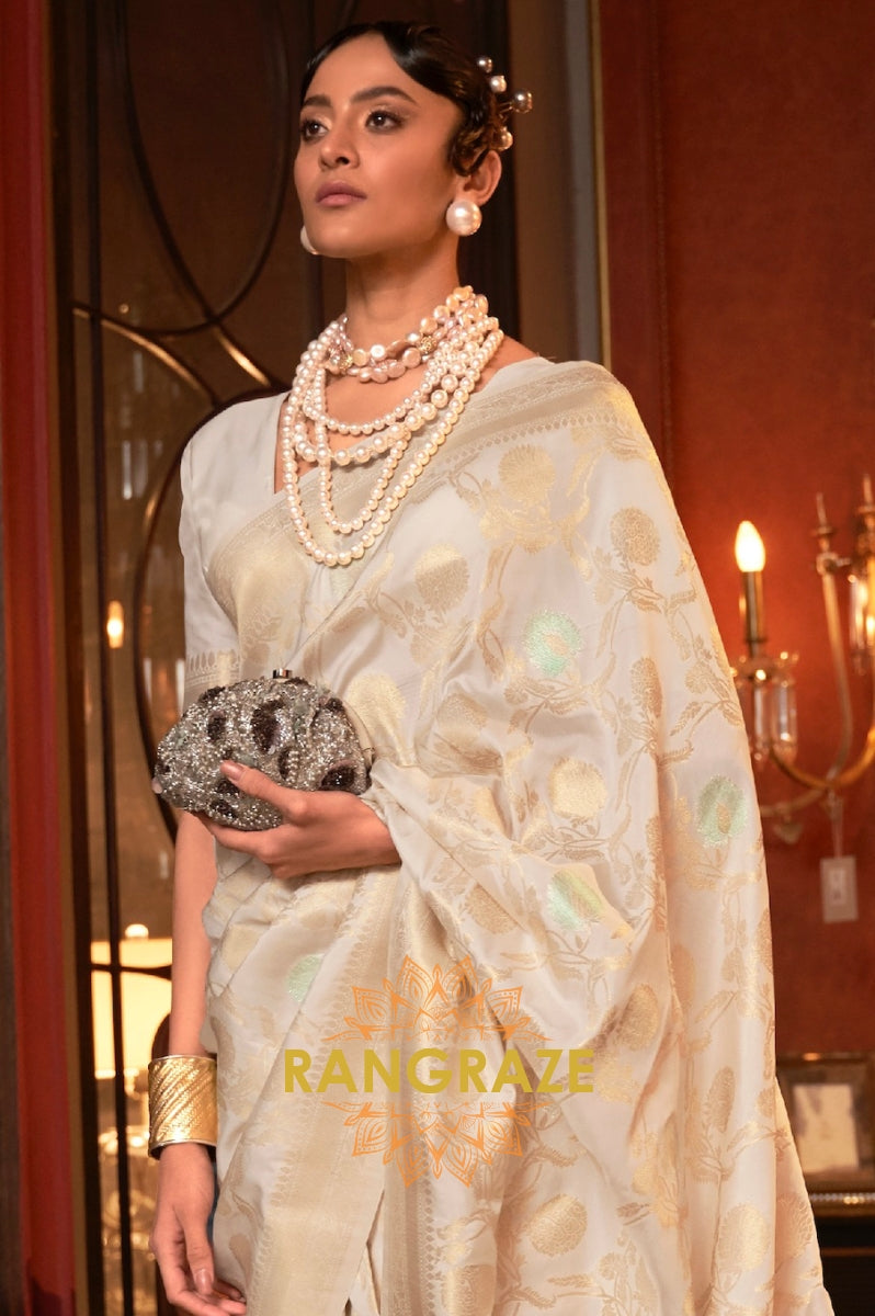 Beige White Zari Work Handloom Banarasi Silk Saree