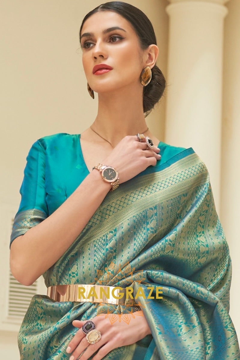 Teal Blue Woven Kanjivaram Silk Saree