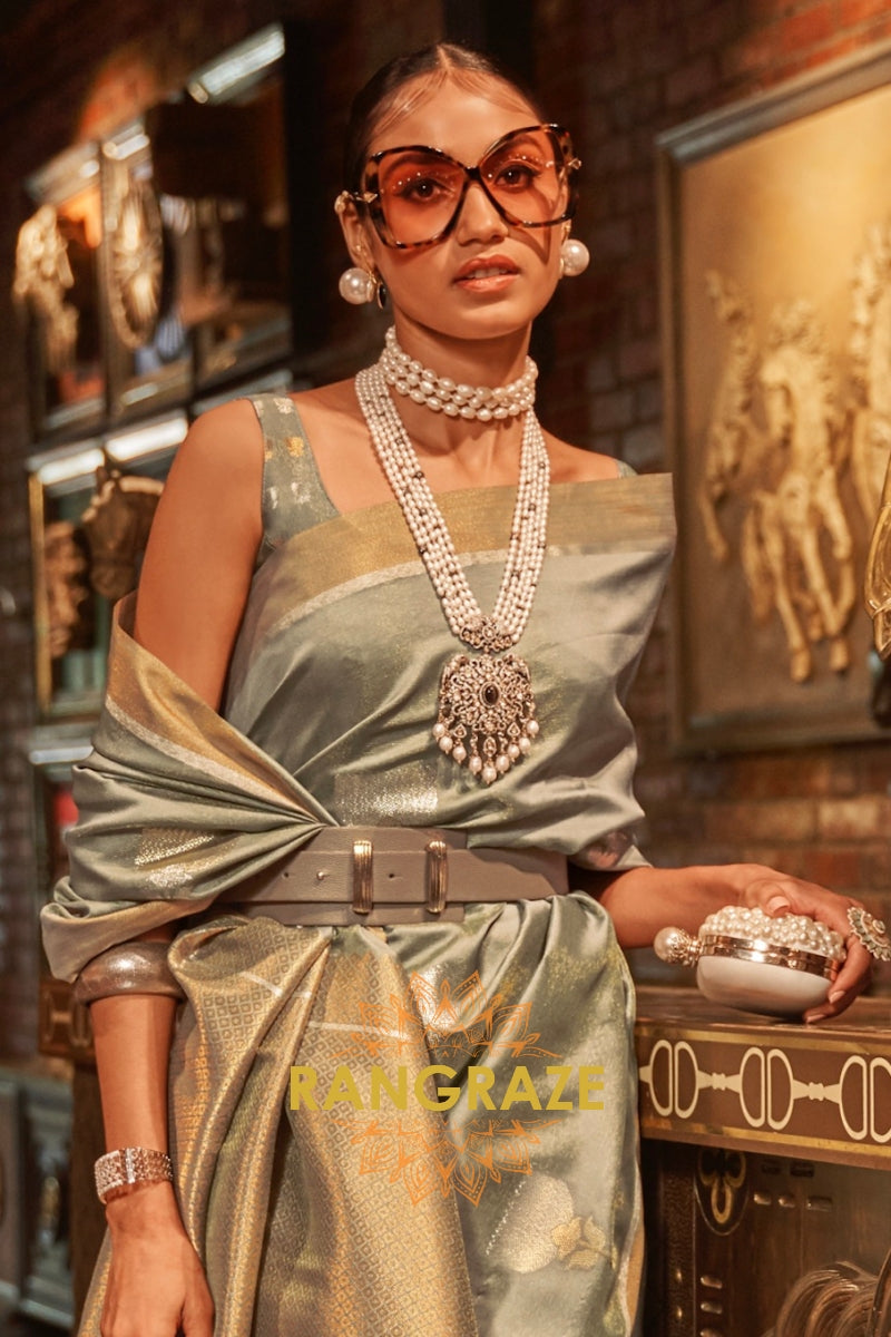 Antique Grey Woven Banarasi Saree With Brocade Blouse