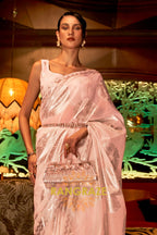Peach Pink Cotton Handloom Weaving Banarasi Silk Saree