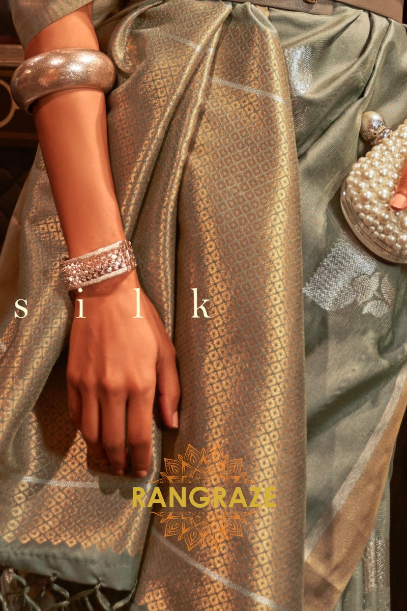 Antique Grey Woven Banarasi Saree With Brocade Blouse
