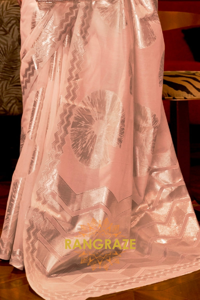 Peach Pink Cotton Handloom Weaving Banarasi Silk Saree
