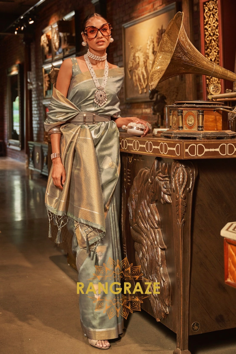 Antique Grey Woven Banarasi Saree With Brocade Blouse