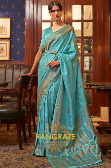 Turquoise Blue Golden Zari Woven Banarasi Silk Saree