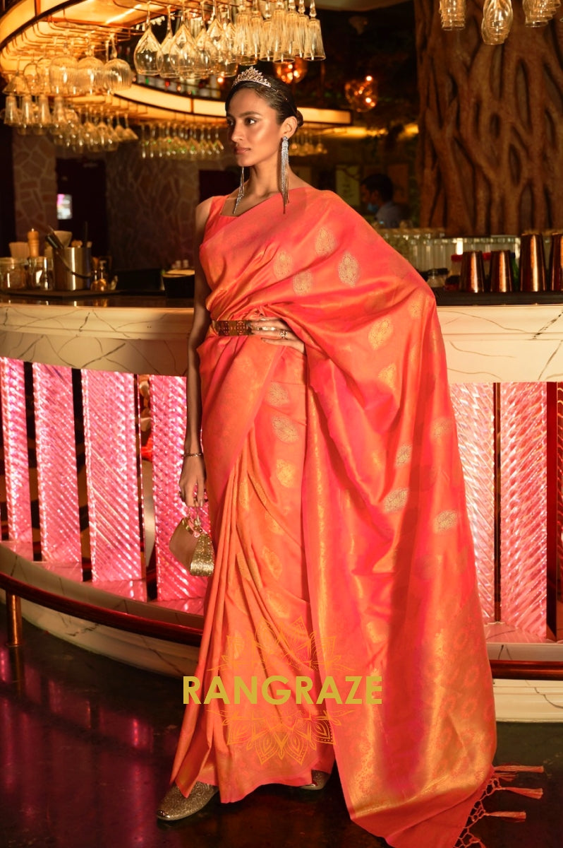 Pumpkin Orange Woven Banarasi Brocade Silk Saree