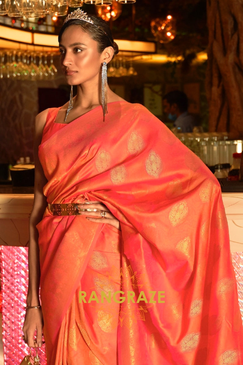Pumpkin Orange Woven Banarasi Brocade Silk Saree