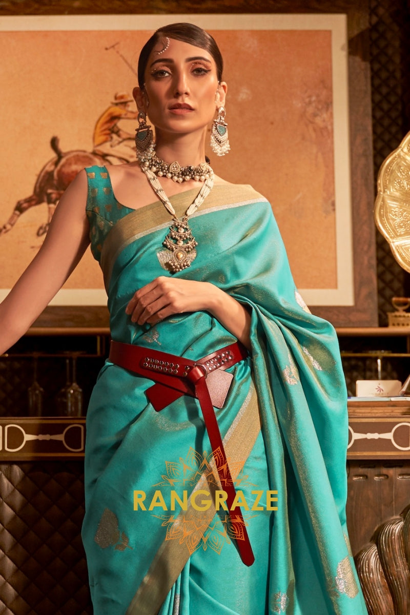 Antique Turquoise Blue Woven Banarasi Saree With Brocade Blouse