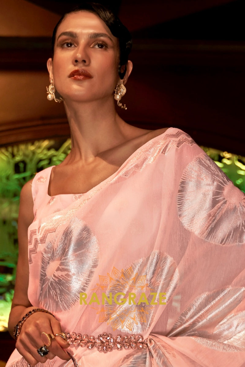 Peach Pink Cotton Handloom Weaving Banarasi Silk Saree