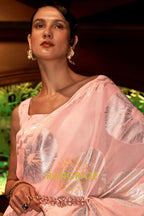 Peach Pink Cotton Handloom Weaving Banarasi Silk Saree